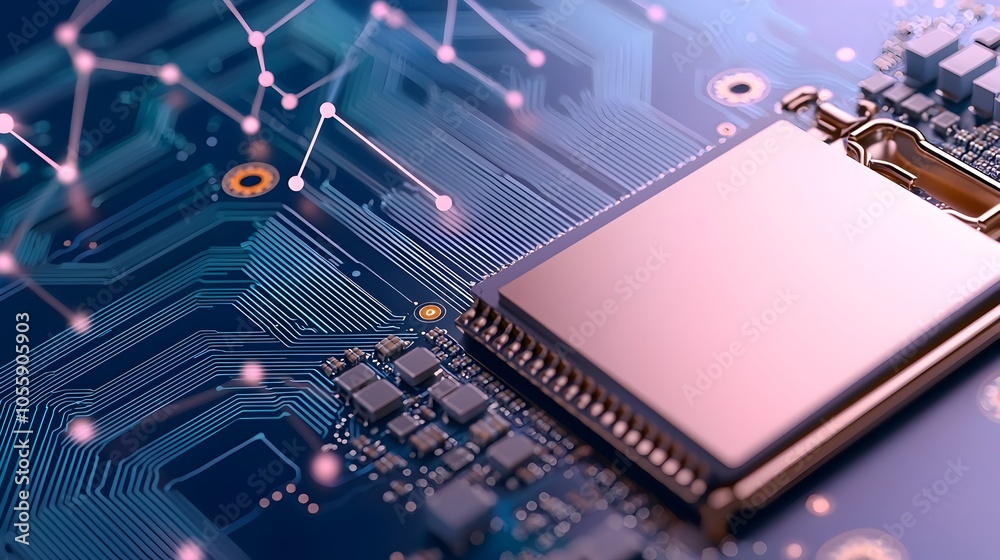 Poster Futuristic abstract design of a motherboard with a blue gradient background digital circuit board patterns and connected dots representing the concept of intelligence and technological innovation