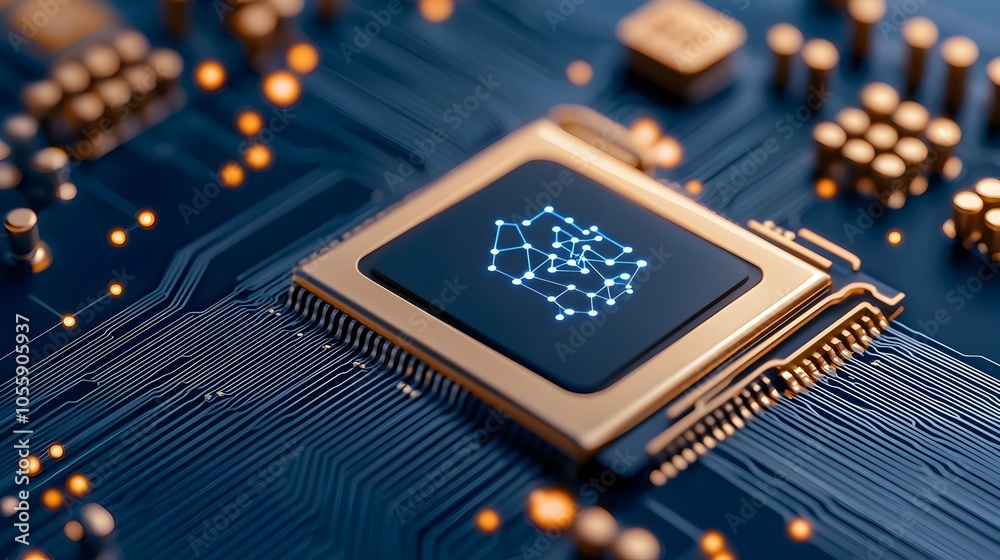 Fototapete Futuristic technology inspired blue gradient abstract featuring a digital circuit board motherboard design with connected dots representing innovation and intelligence