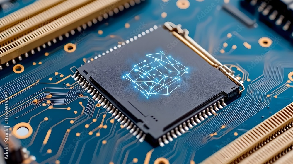 Leinwandbilder Futuristic abstract digital of a motherboard with a blue gradient and a circuit board design filled with connected dots symbolizing intelligence and technological innovation