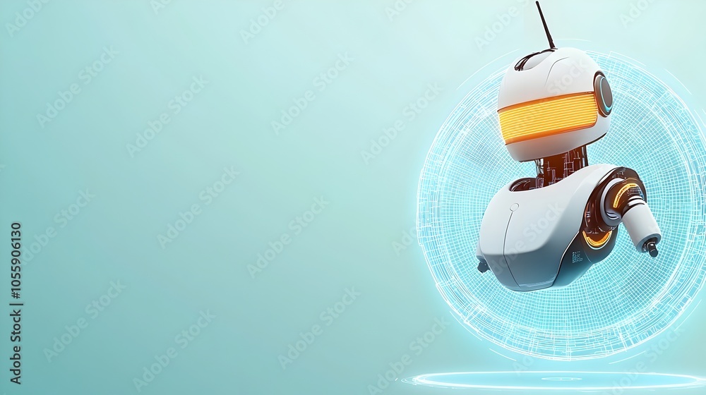 Fototapete Futuristic floating bot assistant glowing above a light blue neon portal with wireframe elements and a tech inspired digital background creating an immersive AI powered cybernetic environment