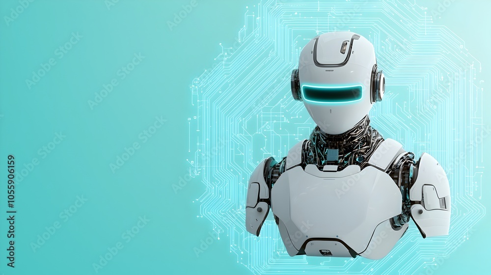 Aufkleber floating futuristic assistant glowing above light blue neon portal with wireframe tech elements digi