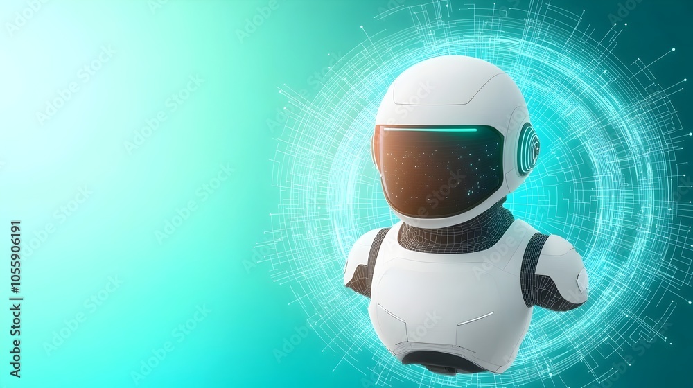 Poster A futuristic bot or digital assistant floating above a glowing light blue neon portal surrounded by wireframe elements and a tech inspired abstract background  The image depicts an innovative