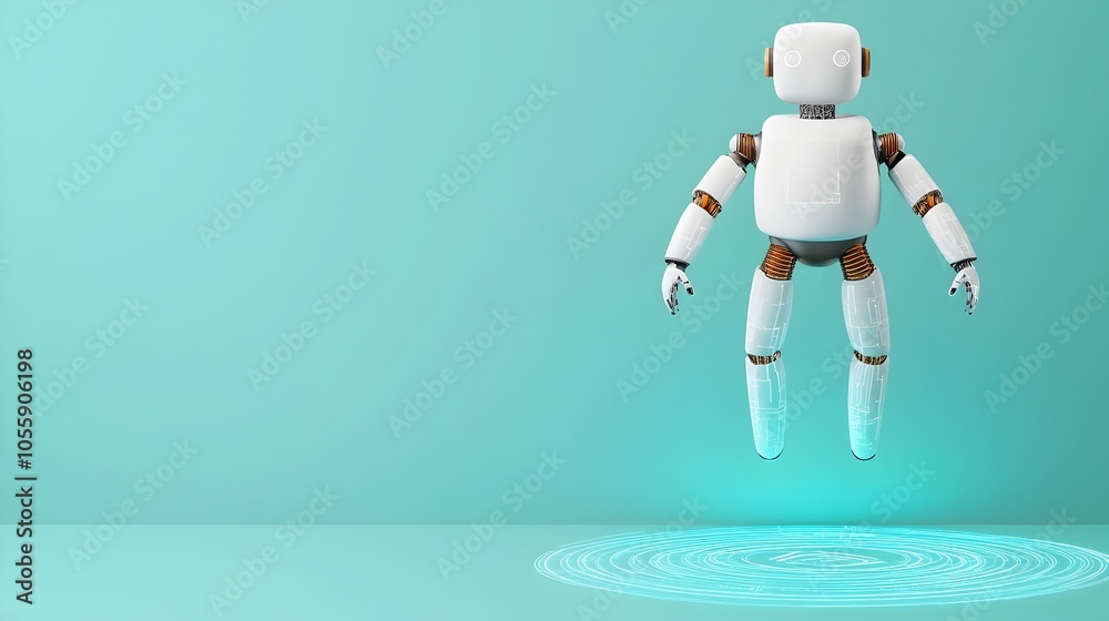 Poster Floating futuristic bot assistant in a digital world glowing above a light blue neon portal with wireframe elements and a tech inspired background