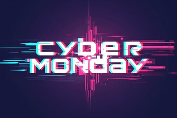 Cyber Monday abstract glowing neon text with glitch effect on dark background. Online shopping and big sale. Futuristic concept. Retro cyberpunk 80s, 90s style. Template for banner, poster