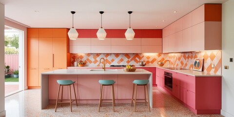 Retro kitchen interior, vibrant orange and pink color scheme, 1960s design, large kitchen island, pendant lights, bar stools, geometric tile pattern, open plan layout, bold and playful aesthetic, mid-