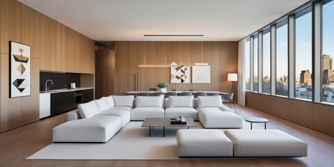 Modern minimalist living room, floor-to-ceiling windows, city skyline view, neutral color palette, brown accent wall, white sofa, low coffee table, abstract wall art, recessed lighting, hardwood floor