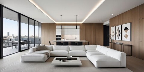 Modern minimalist living room, floor-to-ceiling windows, city skyline view, neutral color palette, brown accent wall, white sofa, low coffee table, abstract wall art, recessed lighting, hardwood floor