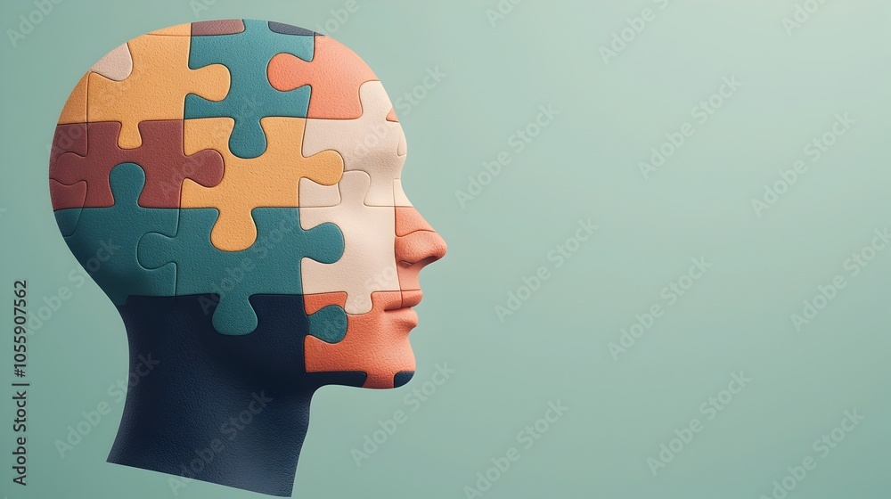 Poster Abstract puzzle head with pieces fitting together symbolizing the process of mental health recovery and personal growth created using Generative technology for World Mental Health Day