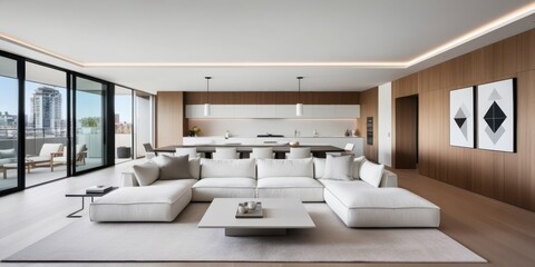 Modern minimalist living room, floor-to-ceiling windows, city skyline view, neutral color palette, brown accent wall, white sofa, low coffee table, abstract wall art, recessed lighting, hardwood floor