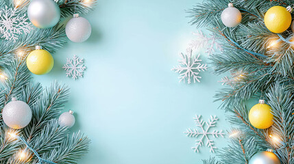Festive arrangement of pine branches with colorful ornaments and snowflakes on a light blue background