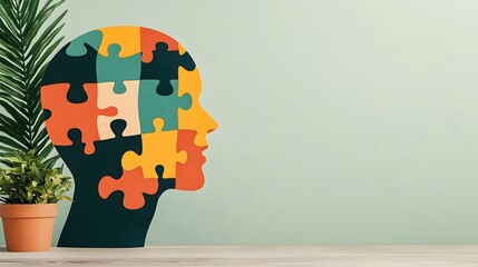 Abstract 3D of a puzzle head with pieces fitting together symbolizing the process of mental health recovery and therapy  The concept represents the journey of self discovery personal growth