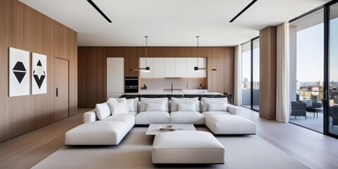 Modern minimalist living room, floor-to-ceiling windows, city skyline view, neutral color palette, brown accent wall, white sofa, low coffee table, abstract wall art, recessed lighting, hardwood floor