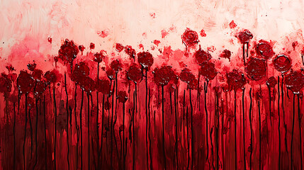 Abstract red floral painting with dripping textures