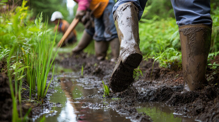 Environmental workers planting native vegetation as part of a wetlands restoration project, with muddy boots and tools visible in the lush, water-rich landscape
