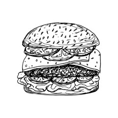 Fast food Vector doodle image. Burger with cutlet, tomato and cheese, unhealthy snack, not healthy lifestyle. Delicious food drawn by hand.