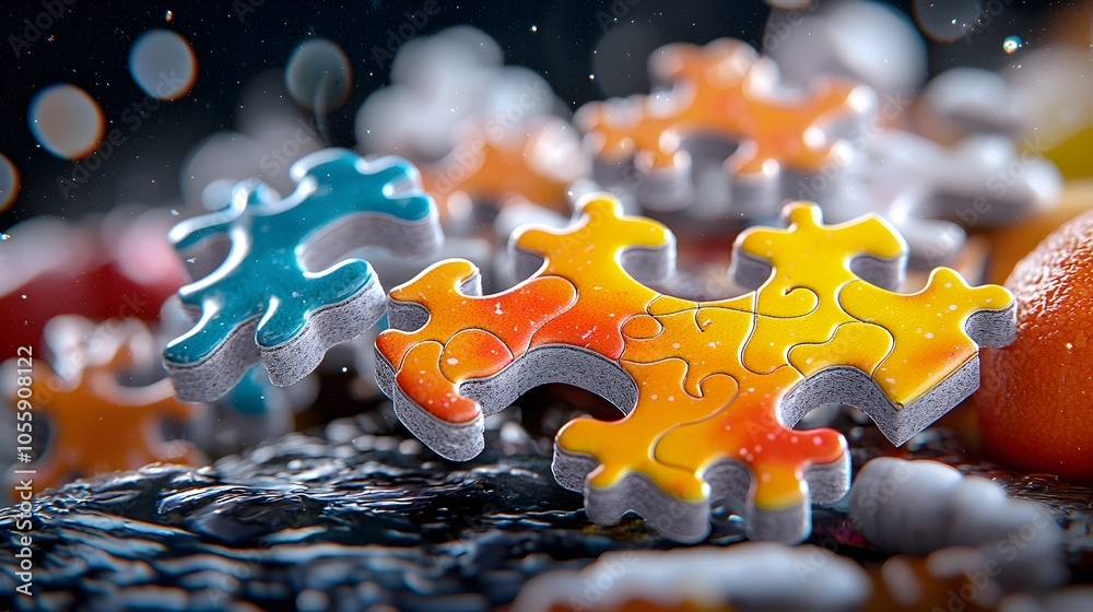 Poster Close up view of puzzle pieces interlocking together seamlessly to form a vibrant abstract and visually striking digital art piece with intricate textures detailed patterns and harmonious colors