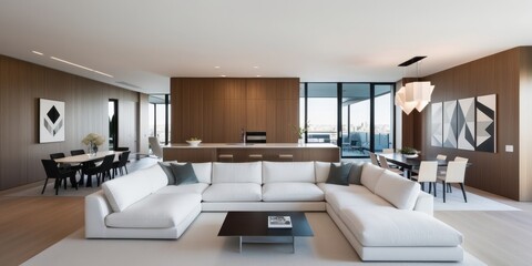 Modern minimalist living room, floor-to-ceiling windows, city skyline view, neutral color palette, brown accent wall, white sofa, low coffee table, abstract wall art, recessed lighting, hardwood floor