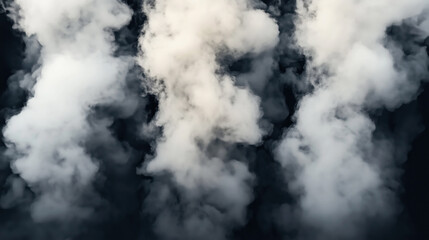 Dense billowing clouds of white smoke against a dark background representing steam or foggy atmosphere in abstract view.