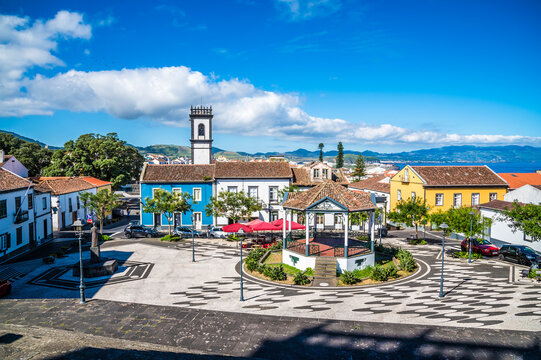 Fototapeta A view down from the steps of the Parish Church of Our Lady of the Star in Ribeira Grande of the island of San Miguel in the Azores in summertime