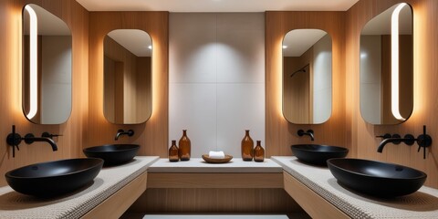 Modern luxury bathroom, double vanity, oval backlit mirrors, warm wood paneling, black vessel sinks, amber glass bottles, minimalist design, indirect lighting, high-end finishes, symmetrical layout, c