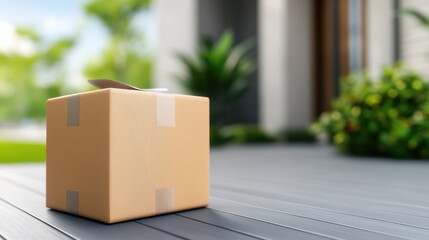 Cardboard box on a porch, ready for delivery or pickup, AI