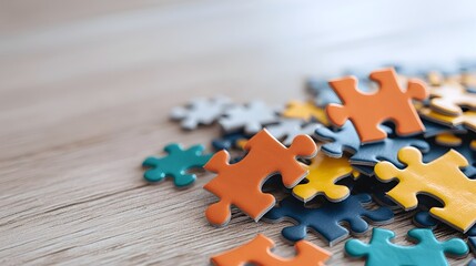 A pile of vibrant various shaped puzzle pieces scattered across a wooden table casting soft shadows and creating an abstract creative composition
