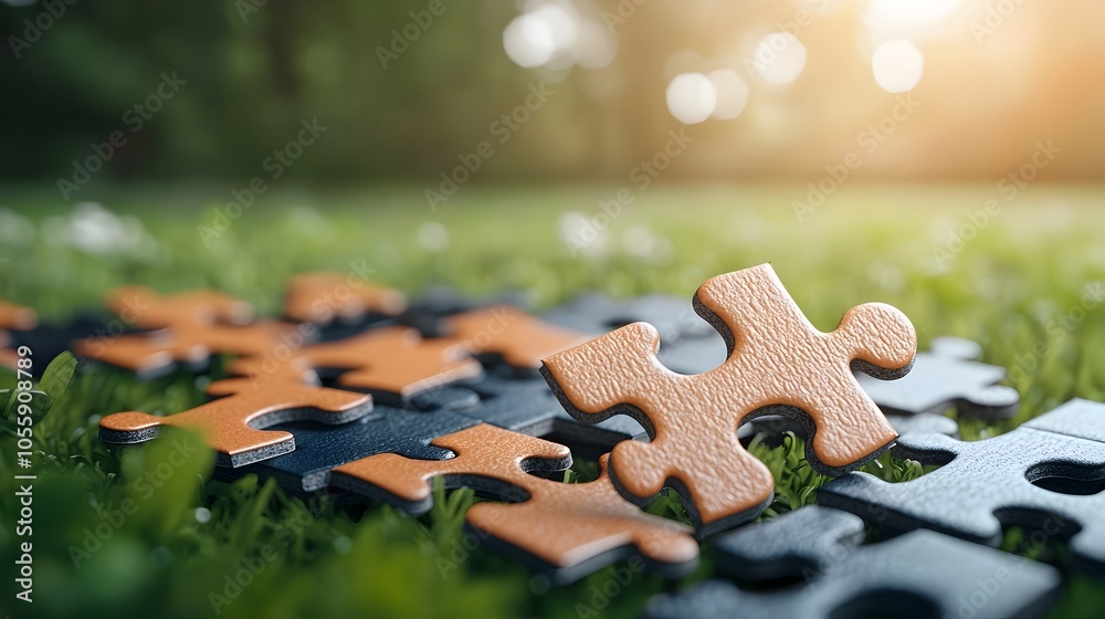 Poster enchanting landscape puzzle pieces forming a captivating digital art composition with soft lighting 