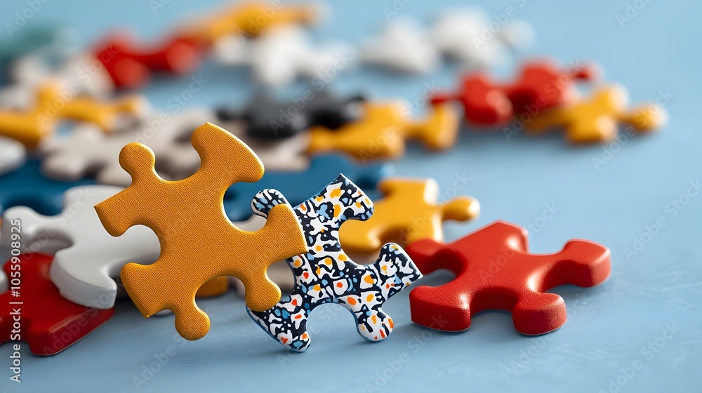 Poster Vibrant and colorful puzzle pieces scattered in a dynamic abstract composition creating a playful and visually engaging design with unique patterns and shapes