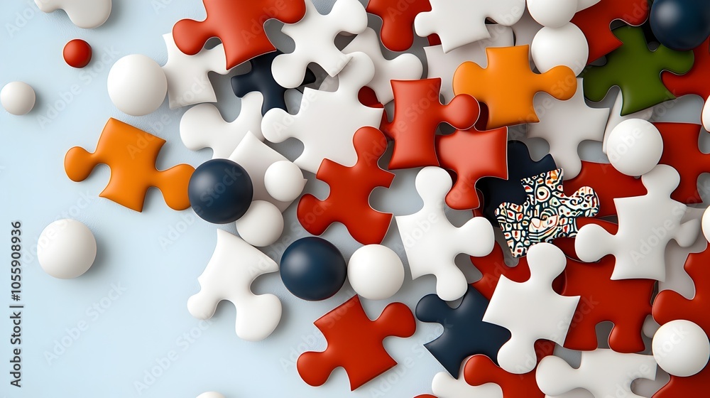Aufkleber Vibrant scattered puzzle pieces in various colors and patterns forming an and dynamic visual composition  The playful arrangement of the puzzle fragments creates a contemporary and creative design