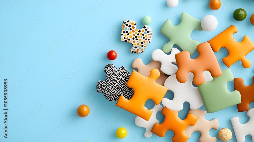Leinwandbilder Scattered puzzle pieces in a dynamic and composition showcasing a vibrant array of patterns shapes and colors that create a captivating and imaginative visual experience