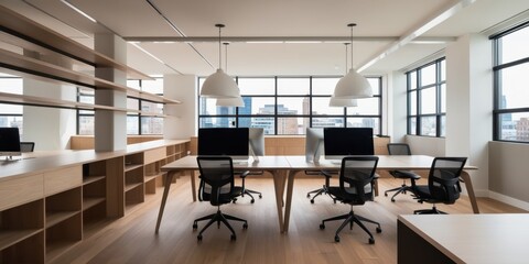 modern open office space, large windows, city skyline view, wooden floors, white walls, exposed ceiling, ergonomic office chairs, sleek desks, minimalist design, natural light, spacious interior, cont