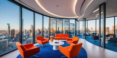 Fototapeta premium Modern office interior, panoramic city skyline view, floor-to-ceiling windows, colorful modular seating, bright red and blue furniture, open plan workspace, contemporary design, corporate environment,