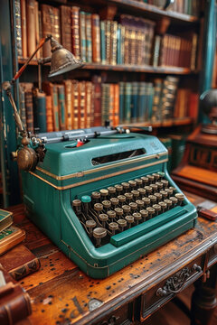 A vintage typewriter in a cozy library filled with classic books and warm ambiance