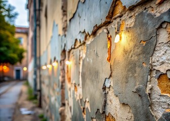 Panoramic View of a Weathered Old Wall with Crumbling Plaster and Gray Paint for Architectural Photography