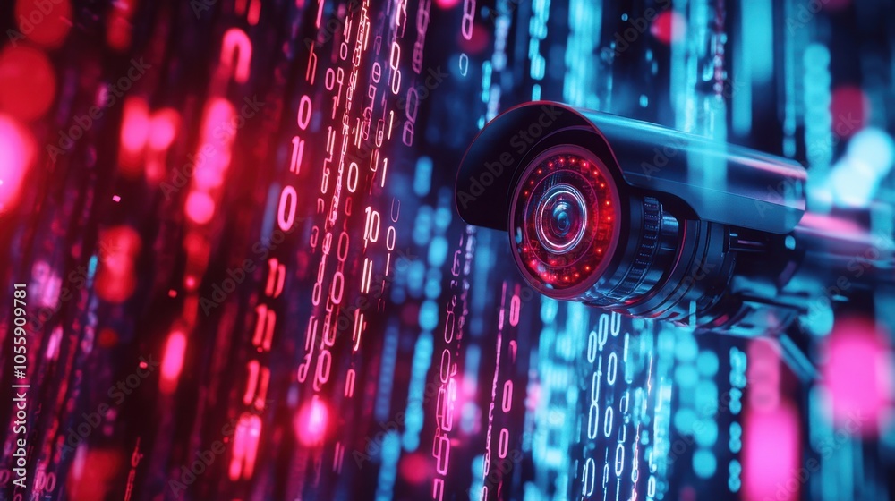 Poster surveillance camera focused against binary codes backdrop, highlighting security in a tech-driven wo