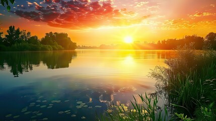 Obraz premium Sunrise over a tranquil lake