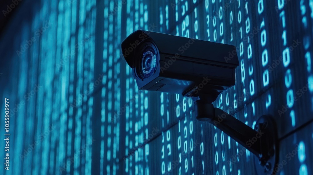 Poster surveillance camera focused against binary codes backdrop, highlighting security in a tech-driven wo