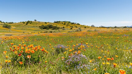 A vibrant field filled with colorful wildflowers bathed in bright sunlight, with a clear blue sky above.