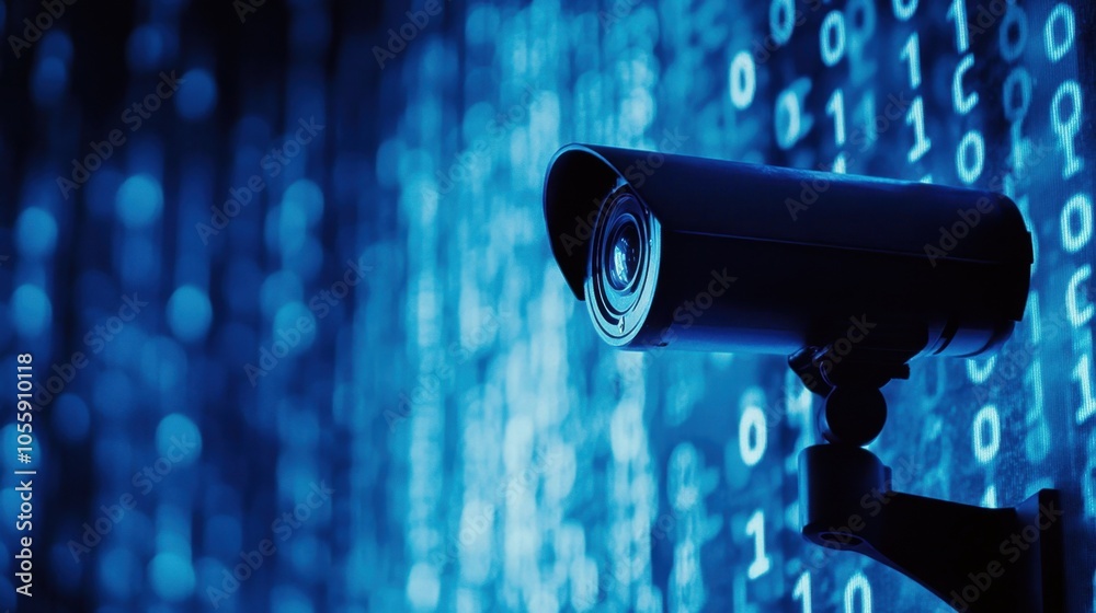 Poster surveillance camera watches over digital binary patterns, capturing high-tech security and data priv