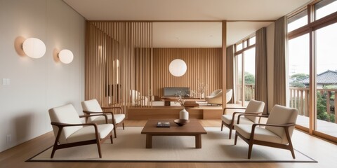 Fototapeta premium Modern minimalist living room, warm beige tones, vertical wood slat wall, sleek furniture, round pendant lights, large windows, natural light, coffee table, armchairs, cozy atmosphere, contemporary de