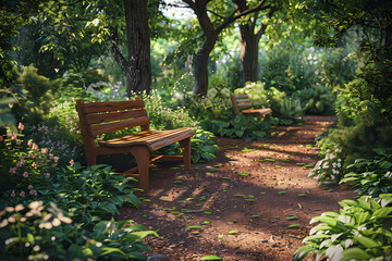 A tranquil woodland path featuring two wooden benches surrounded by lush greenery and colorful flowers, inviting serenity and reflection.