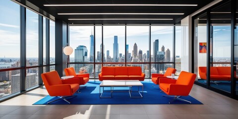 Modern office interior, panoramic city skyline view, floor-to-ceiling windows, colorful modular seating, bright red and blue furniture, open plan workspace, contemporary design, corporate environment,