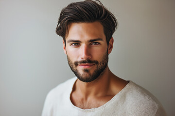 Fototapeta premium Portrait of a Handsome Young Man with Well-Groomed Beard and Stylish Hair