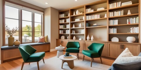 Obraz premium Modern home library, warm wood tones, floor-to-ceiling bookshelves, large windows, natural light, green velvet armchairs, round coffee table, minimalist desk, cozy reading nook, mid-century modern aes