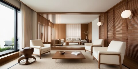 Modern minimalist living room, warm beige tones, vertical wood slat wall, sleek furniture, round pendant lights, large windows, natural light, coffee table, armchairs, cozy atmosphere, contemporary de