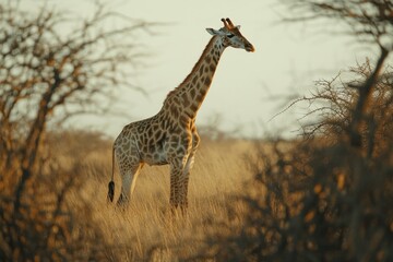 Obraz premium Giraffe Standing Amidst Grass and Trees in Warm Light
