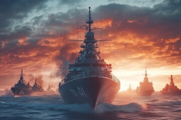 Obraz premium Majestic Warships at Sunset on the Ocean