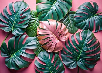 Pastel Monstera Leaves on Pink Background - Tropical Elegance in Interior Design