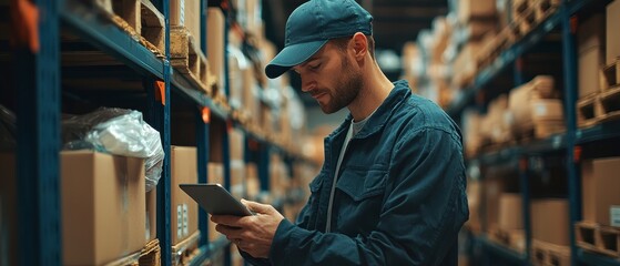 Warehouse inventory check, worker in blue jacket, cap, using tablet, surrounded by stacked boxes, focused atmosphere