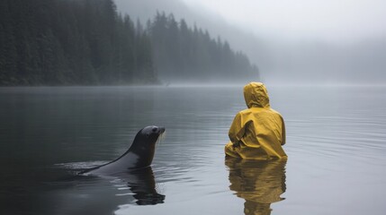 Tranquil setting with person in yellow raincoat and curious seal, calm waters enhancing this unusual encounter